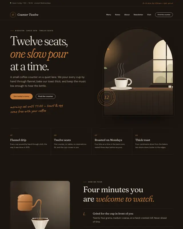 Home page of the Kissaten Counter theme, a design for a coffee shop