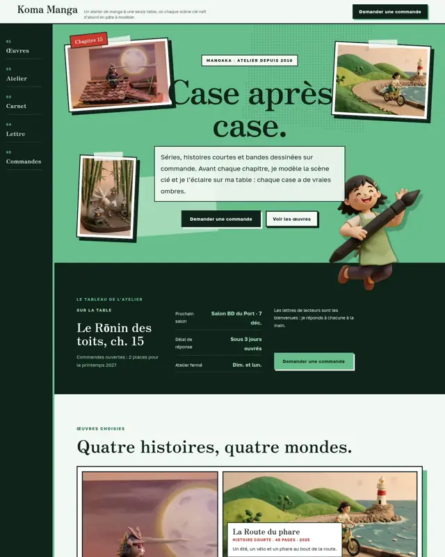 Page d’accueil du thème Koma Manga, un design pour la catégorie Portfolio de mangaka