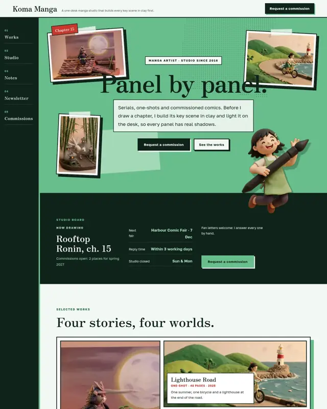 Home page of the Koma Manga theme, a design for a manga artist portfolio