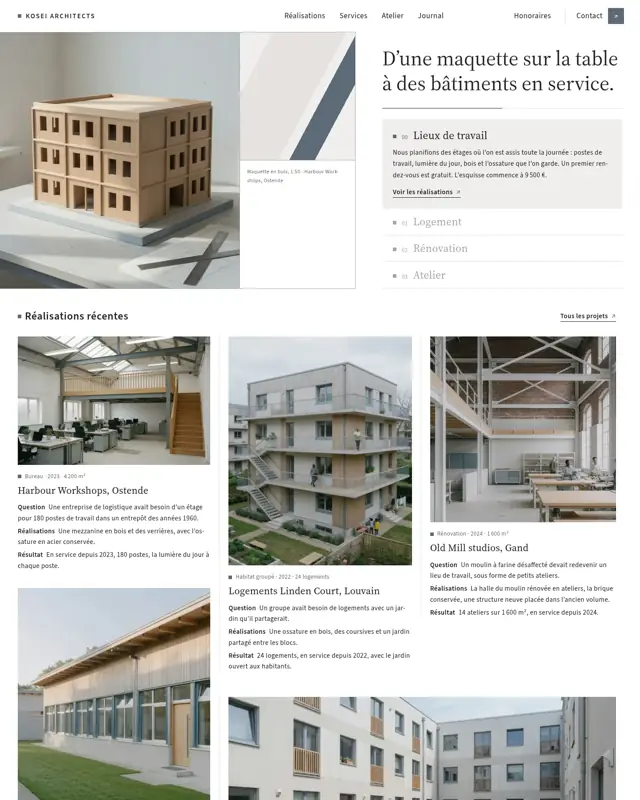 Page d’accueil du thème Kosei Architects, un design pour la catégorie Cabinet d'architecture
