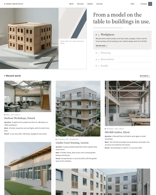 Home page of the Kosei Architects theme, a design for a architecture firm