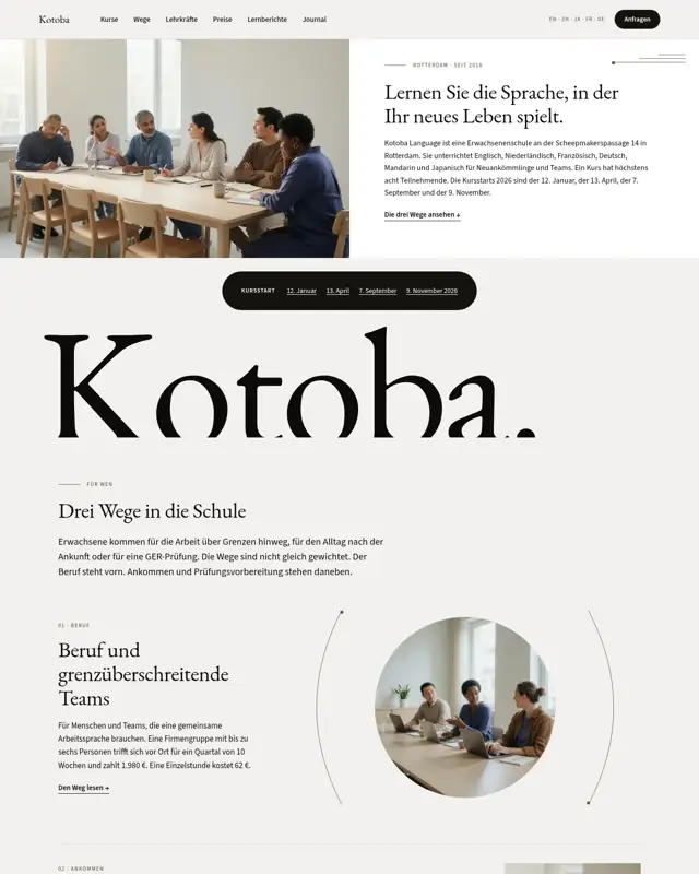 Startseite des Themes Kotoba Language, ein Design für die Branche Sprachschule für Erwachsene