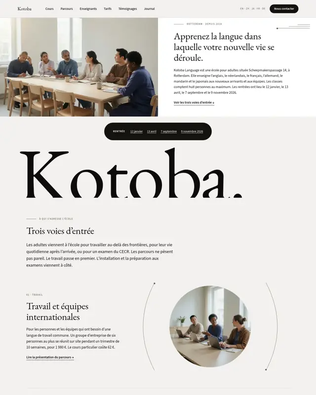 Page d’accueil du thème Kotoba Language, un design pour la catégorie École de langues pour adultes
