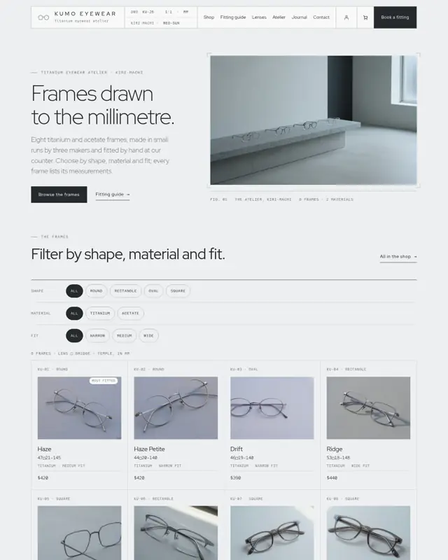 Home page of the Kumo Eyewear theme, a design for a eyewear