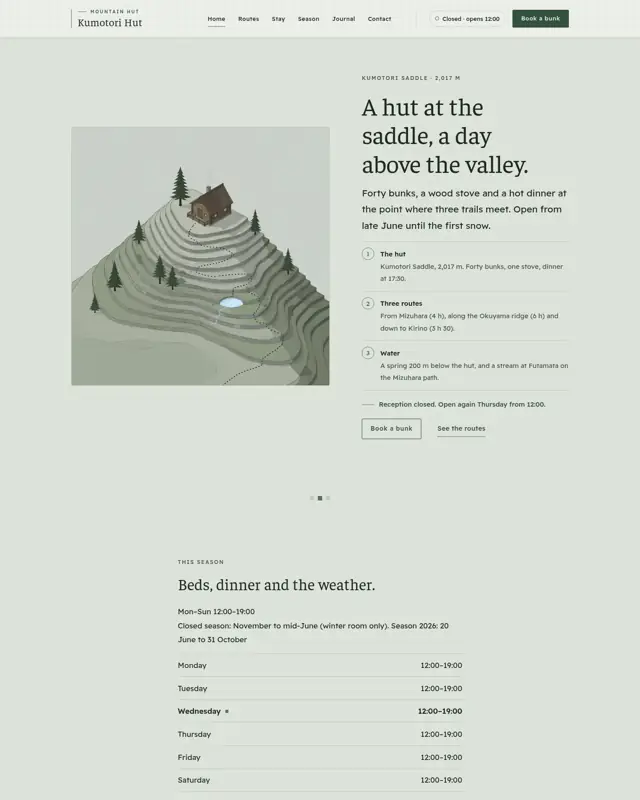 Home page of the Kumotori Hut theme, a design for a mountain hut