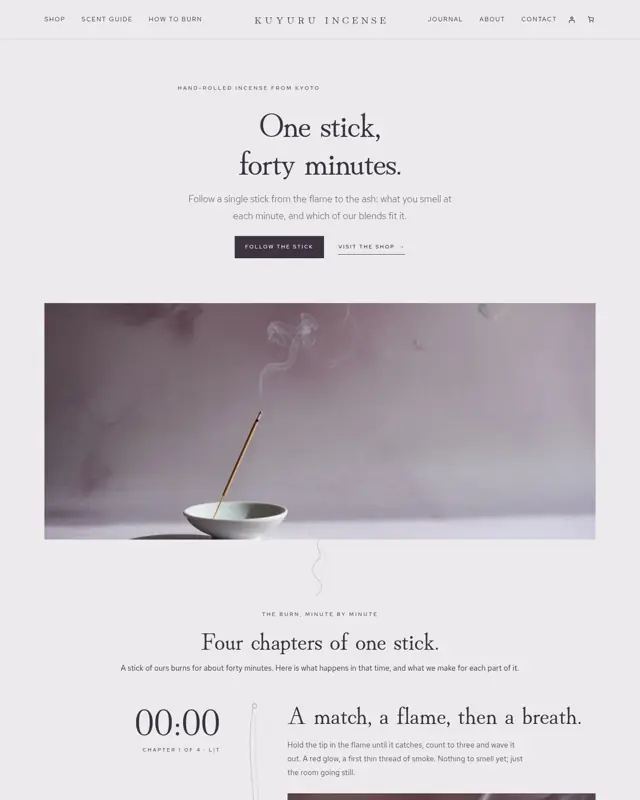 Home page of the Kuyuru Incense theme, a design for a incense shop