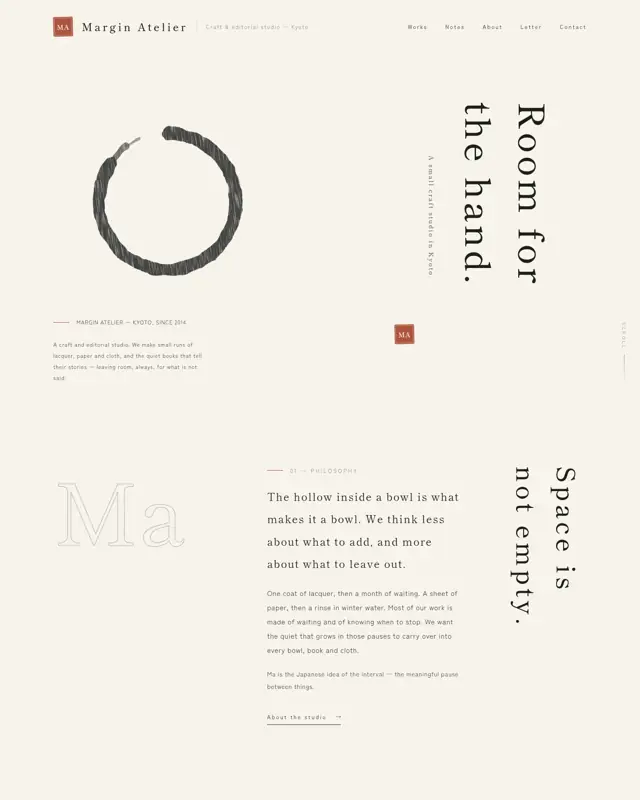 Home page of the Ma Vertical theme, a design for a craft atelier