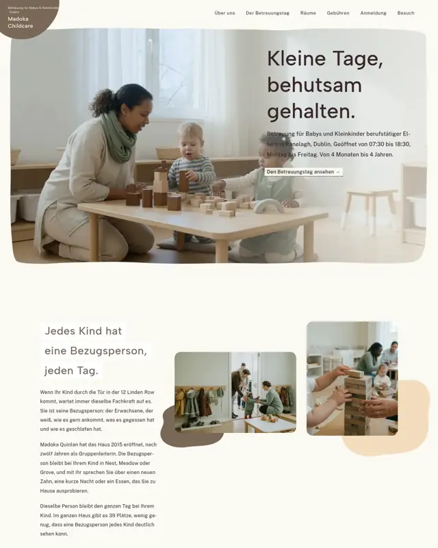 Startseite des Themes Madoka Childcare, ein Design für die Branche Kinderbetreuung