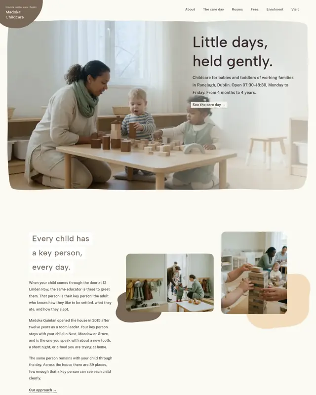 Home page of the Madoka Childcare theme, a design for a childcare centre