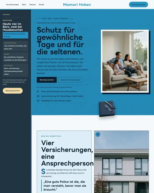 Startseite des Themes Mamori Hoken, ein Design für die Branche Versicherungsbüro