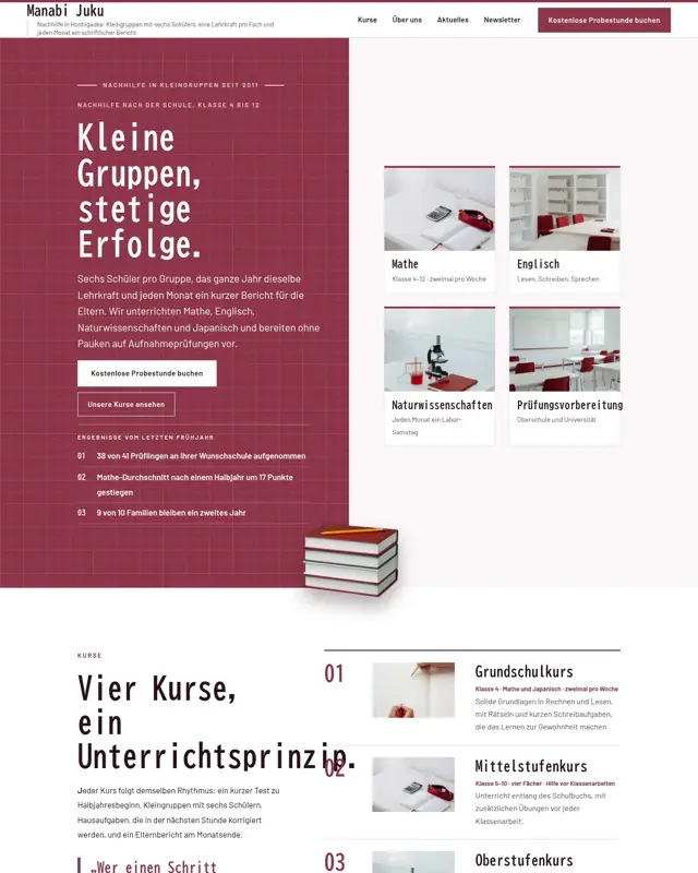 Startseite des Themes Manabi Juku, ein Design für die Branche Nachhilfeschule