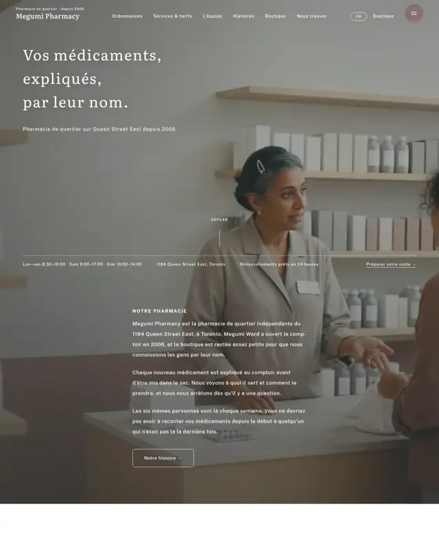 Page d’accueil du thème Megumi Pharmacy, un design pour la catégorie Pharmacie de quartier