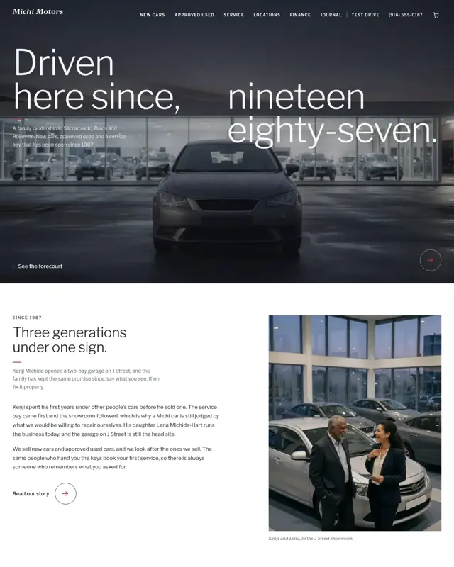 Home page of the Michi Motors theme, a design for a car dealership