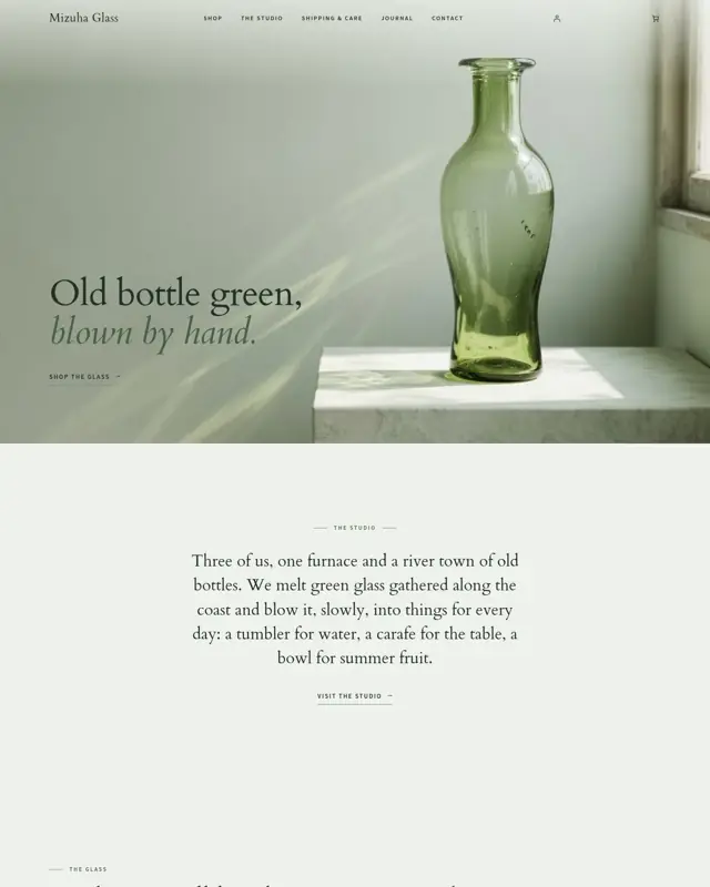 Home page of the Mizuha Glass theme, a design for a glassware shop