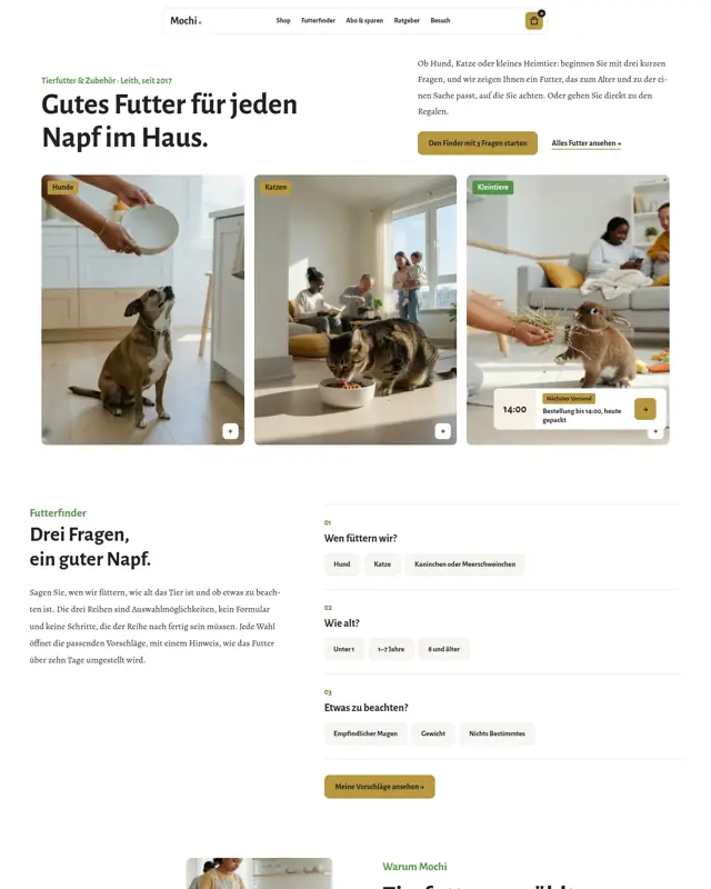 Startseite des Themes Mochi Pet Supply, ein Design für die Branche Tierfutter und Zubehör
