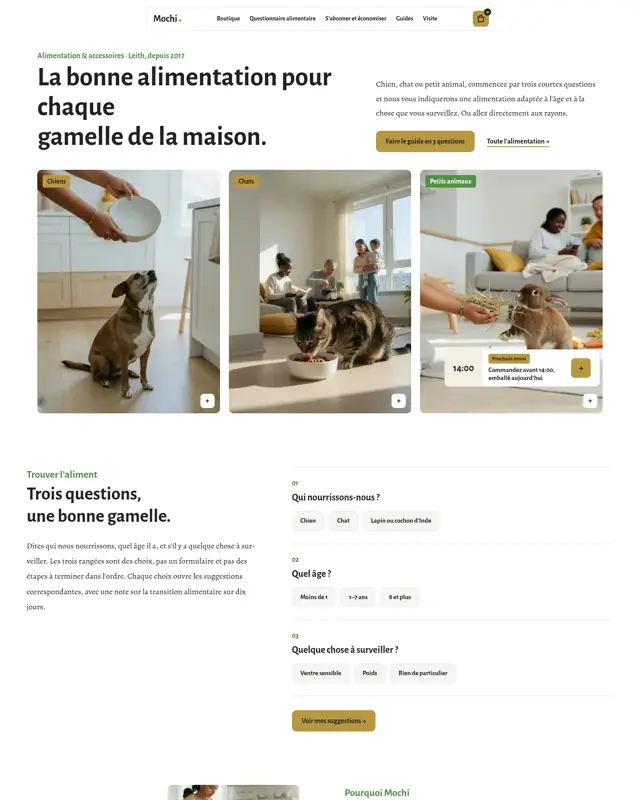 Page d’accueil du thème Mochi Pet Supply, un design pour la catégorie Alimentation et accessoires pour animaux