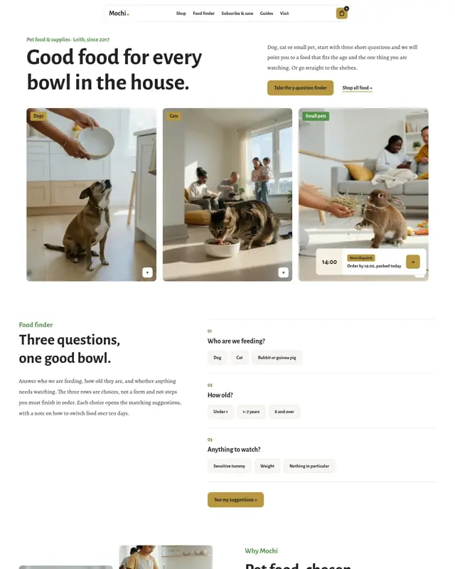 Home page of the Mochi Pet Supply theme, a design for a pet food and supplies