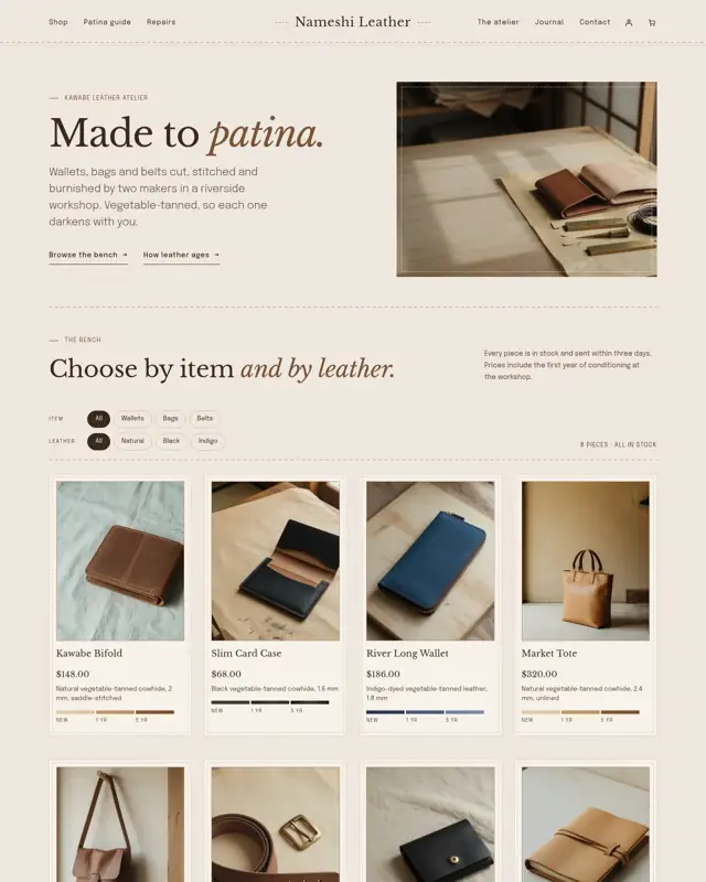 Home page of the Nameshi Leather theme, a design for a leather goods