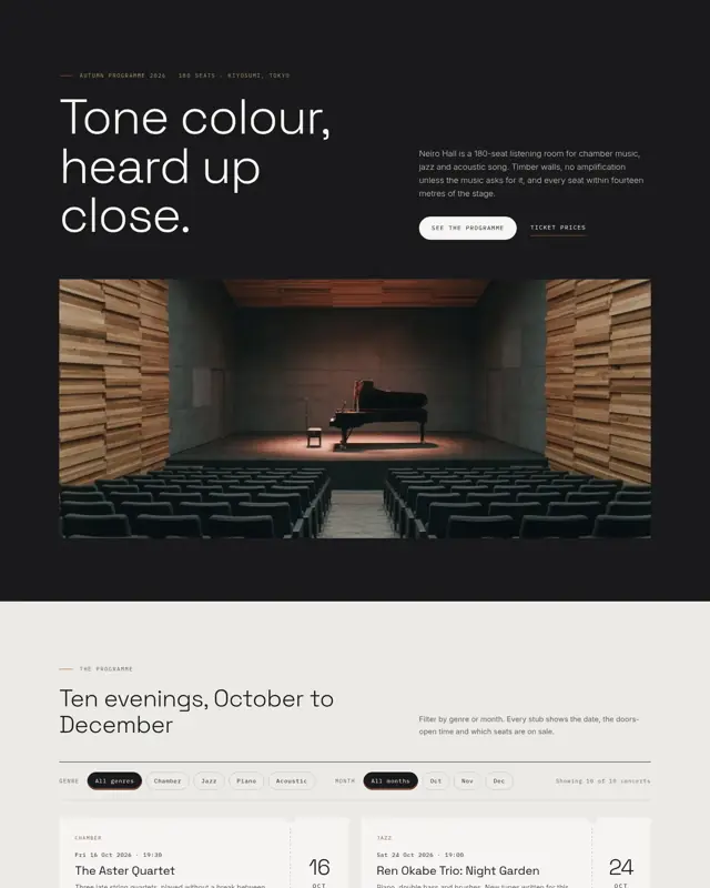 Home page of the Neiro Hall theme, a design for a music venue