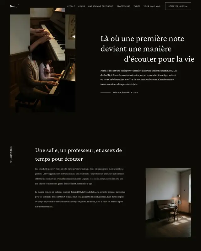 Page d’accueil du thème Neiro Music, un design pour la catégorie École de musique privée
