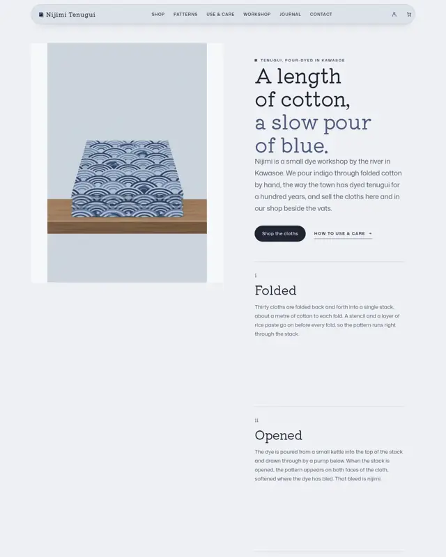 Home page of the Nijimi Tenugui theme, a design for a tenugui textiles