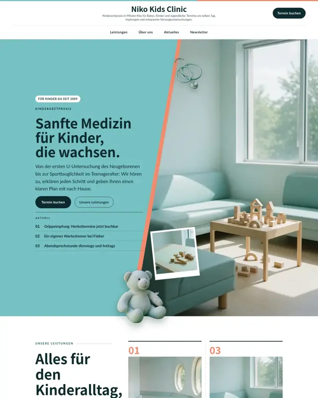 Startseite des Themes Niko Kids Clinic, ein Design für die Branche Kinderarztpraxis