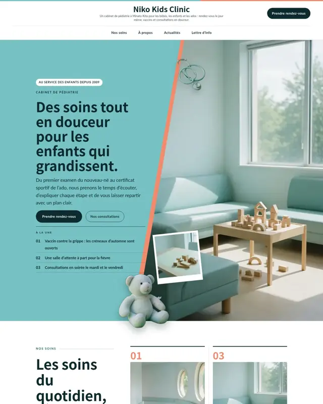 Page d’accueil du thème Niko Kids Clinic, un design pour la catégorie Cabinet pédiatrique