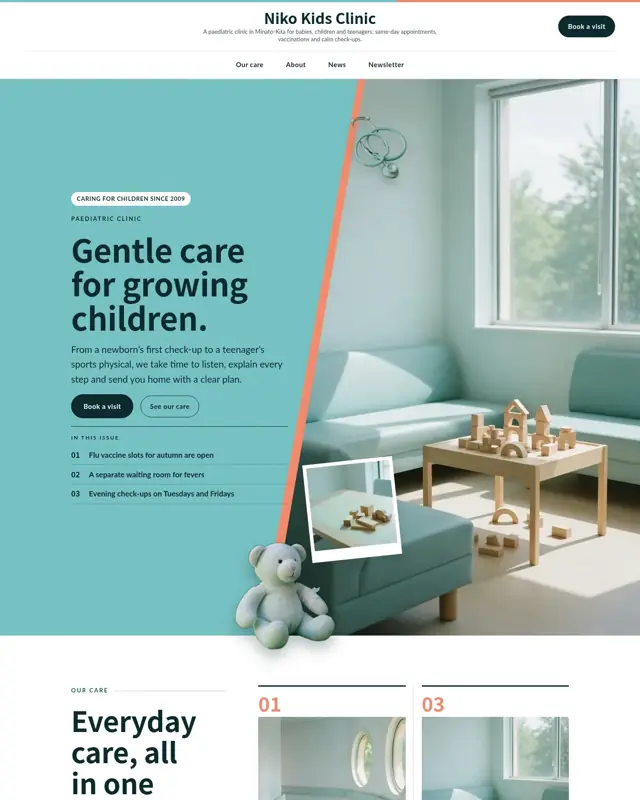 Home page of the Niko Kids Clinic theme, a design for a pediatric clinic