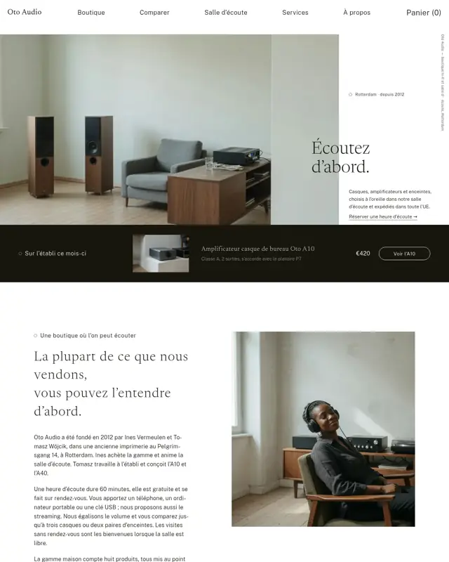 Page d’accueil du thème Oto Audio, un design pour la catégorie Boutique hi-fi