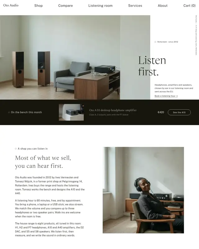 Home page of the Oto Audio theme, a design for a hi-fi audio store