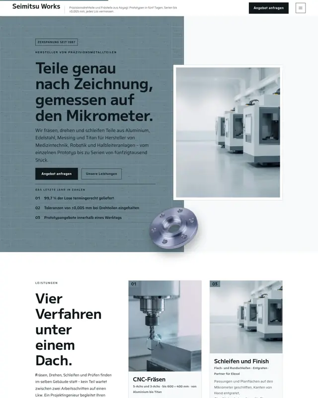 Startseite des Themes Seimitsu Works, ein Design für die Branche Präzisionsteilehersteller