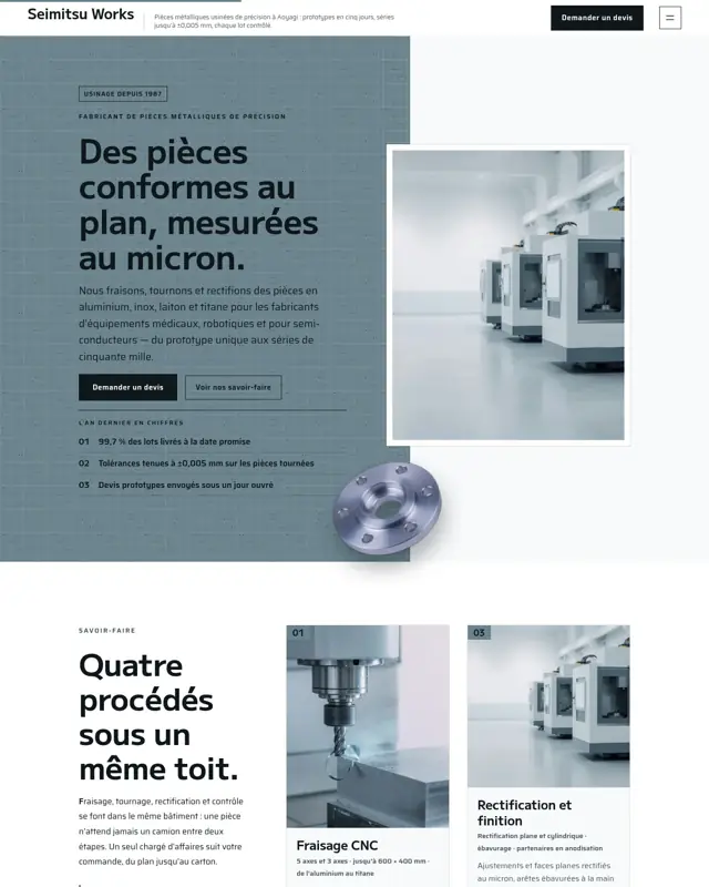 Page d’accueil du thème Seimitsu Works, un design pour la catégorie Fabricant de pièces de précision