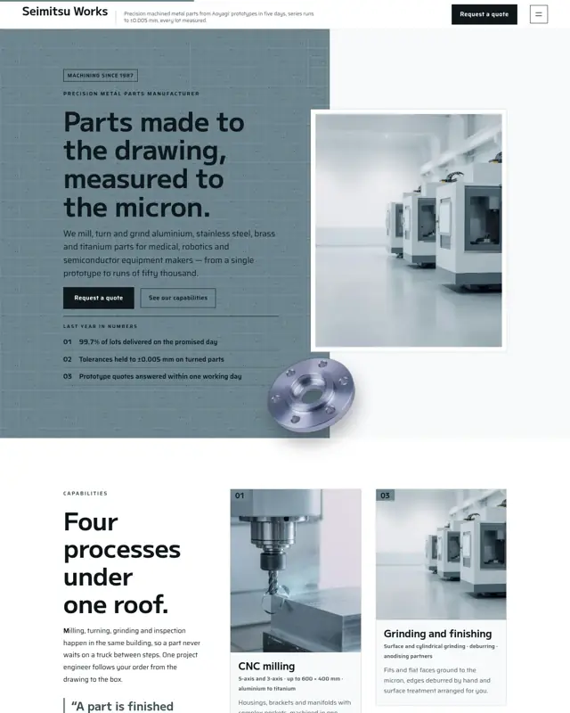 Home page of the Seimitsu Works theme, a design for a precision parts manufacturer