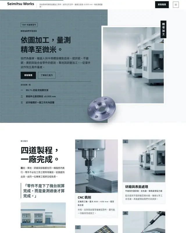 Seimitsu Works 主題的首頁,一款為精密零件製造打造的設計