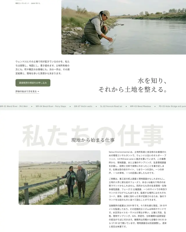 Seisui Environmental テーマのトップページ。環境コンサルタント向けのデザイン