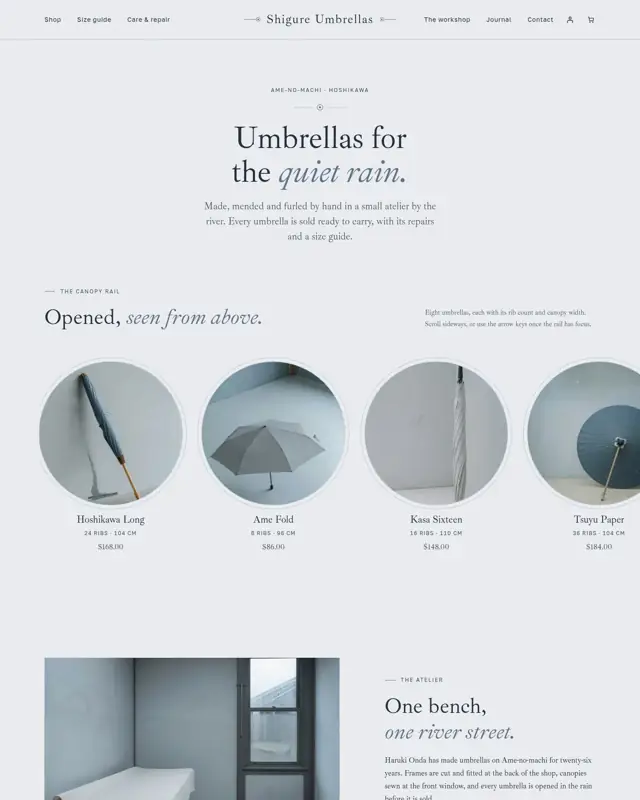 Home page of the Shigure Umbrellas theme, a design for a umbrellas