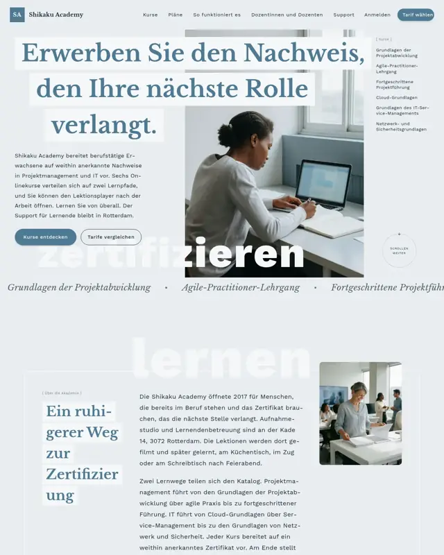 Startseite des Themes Shikaku Academy, ein Design für die Branche Online-Zertifizierungsakademie