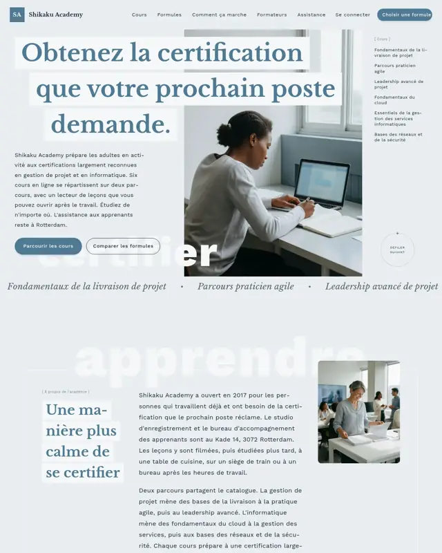 Page d’accueil du thème Shikaku Academy, un design pour la catégorie Académie de certification en ligne