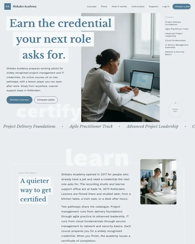 Home page of the Shikaku Academy theme, a design for a online certification academy