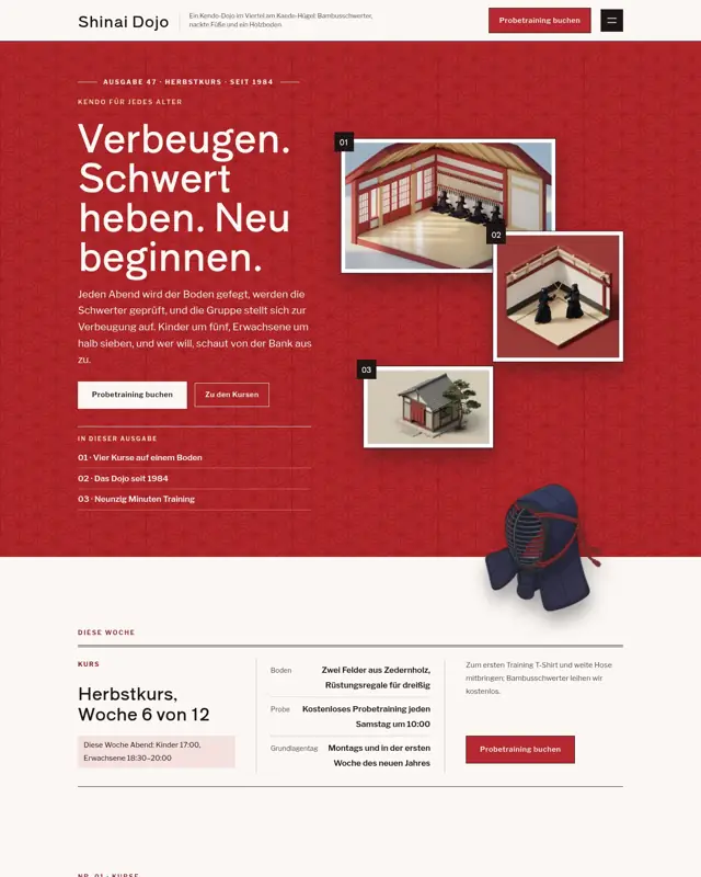 Startseite des Themes Shinai Dojo, ein Design für die Branche Kendo-Dojo