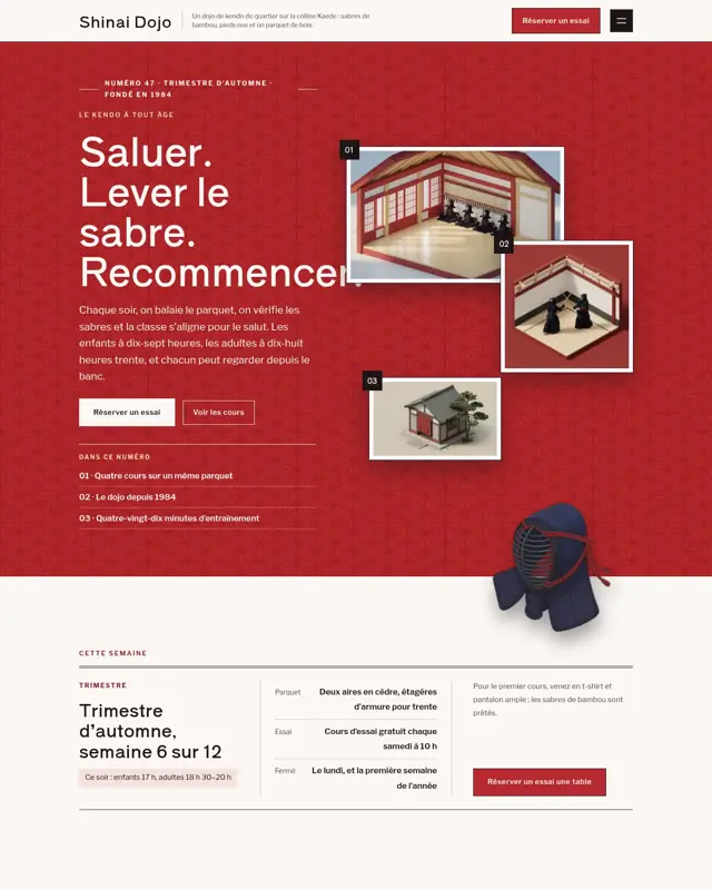 Page d’accueil du thème Shinai Dojo, un design pour la catégorie Dojo de kendo