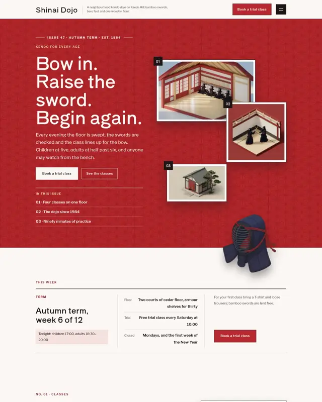 Home page of the Shinai Dojo theme, a design for a kendo dojo