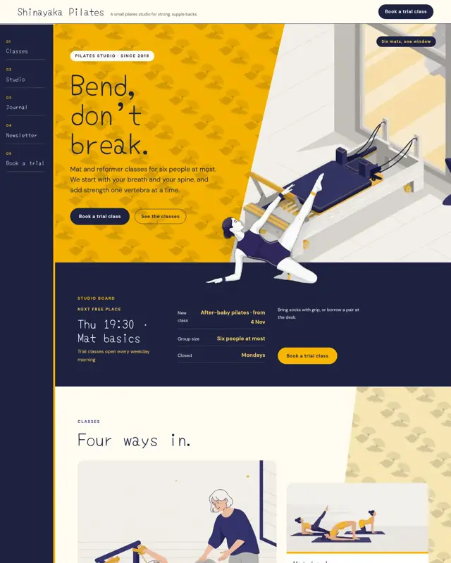 Home page of the Shinayaka Pilates theme, a design for a pilates studio