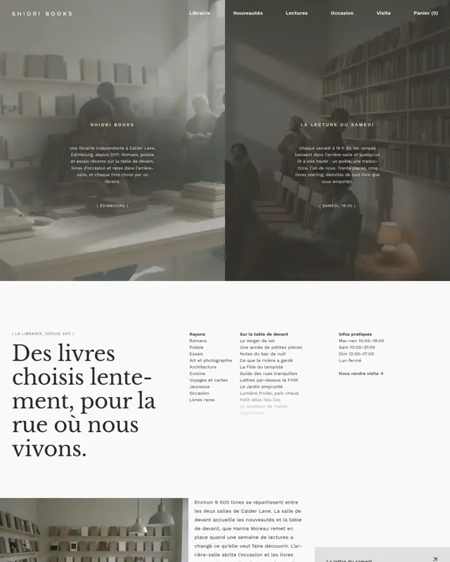 Page d’accueil du thème Shiori Books, un design pour la catégorie Librairie indépendante