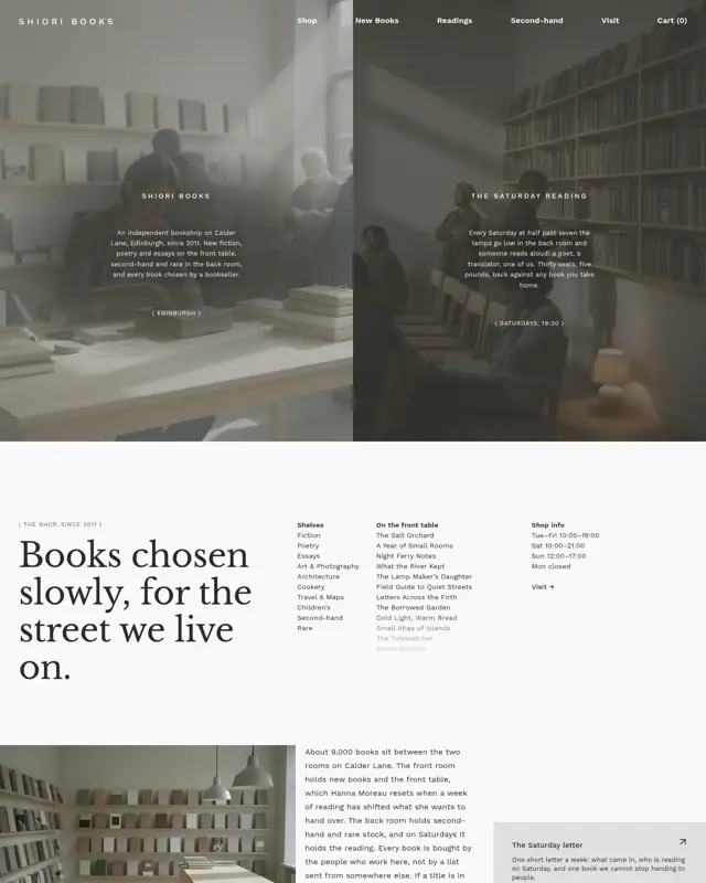 Home page of the Shiori Books theme, a design for a independent bookshop
