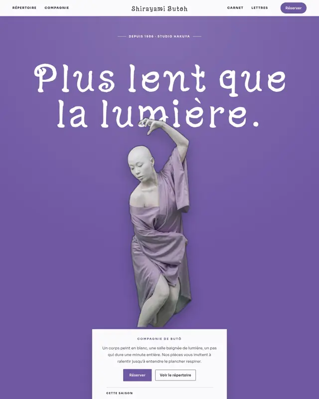 Page d’accueil du thème Shirayami Butoh, un design pour la catégorie Compagnie de butô