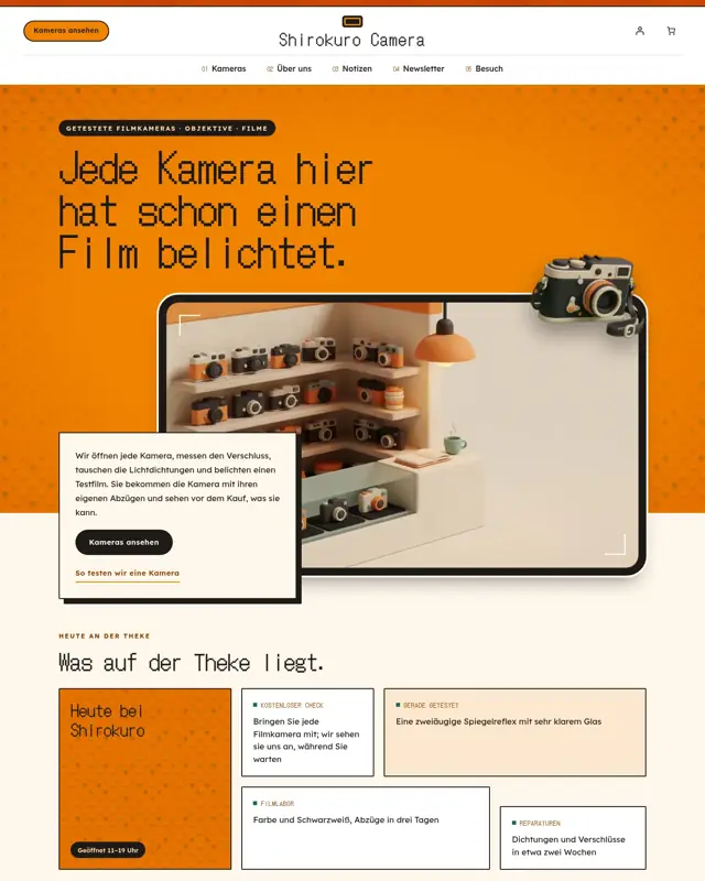 Startseite des Themes Shirokuro Camera, ein Design für die Branche Filmkameraladen