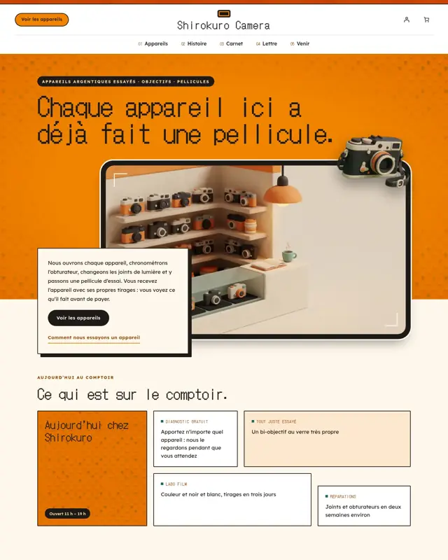 Page d’accueil du thème Shirokuro Camera, un design pour la catégorie Boutique d’appareils argentiques
