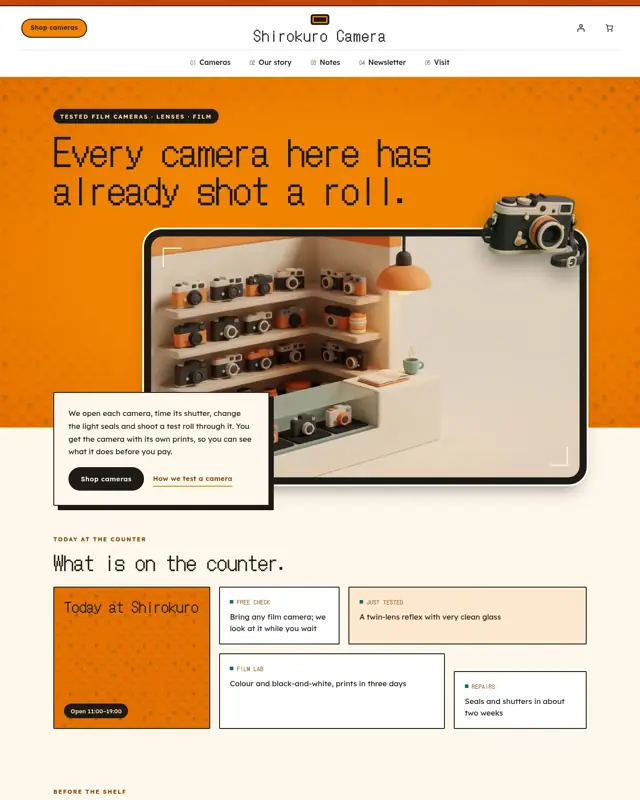 Home page of the Shirokuro Camera theme, a design for a film camera shop