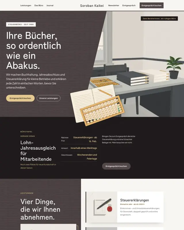 Startseite des Themes Soroban Kaikei, ein Design für die Branche Steuerberatung